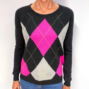 Charcoal Hot Pink Diamond Cashmere Crew Neck Jumper Medium