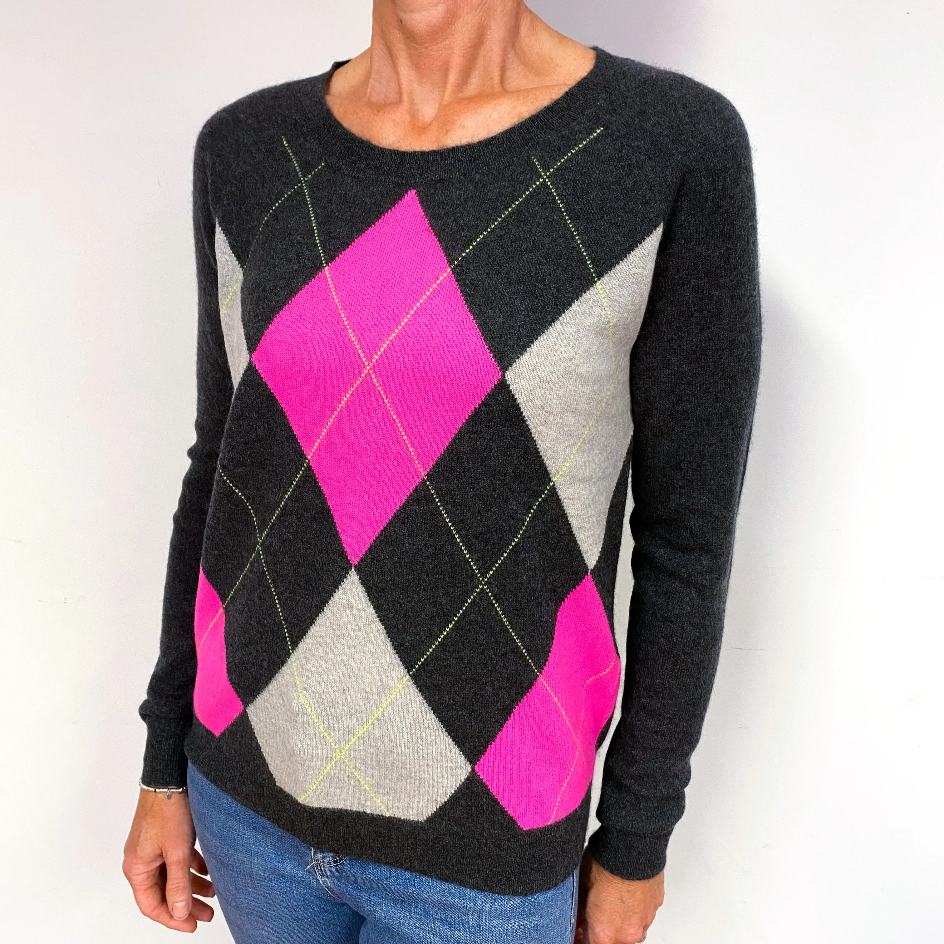 Charcoal Hot Pink Diamond Cashmere Crew Neck Jumper Medium