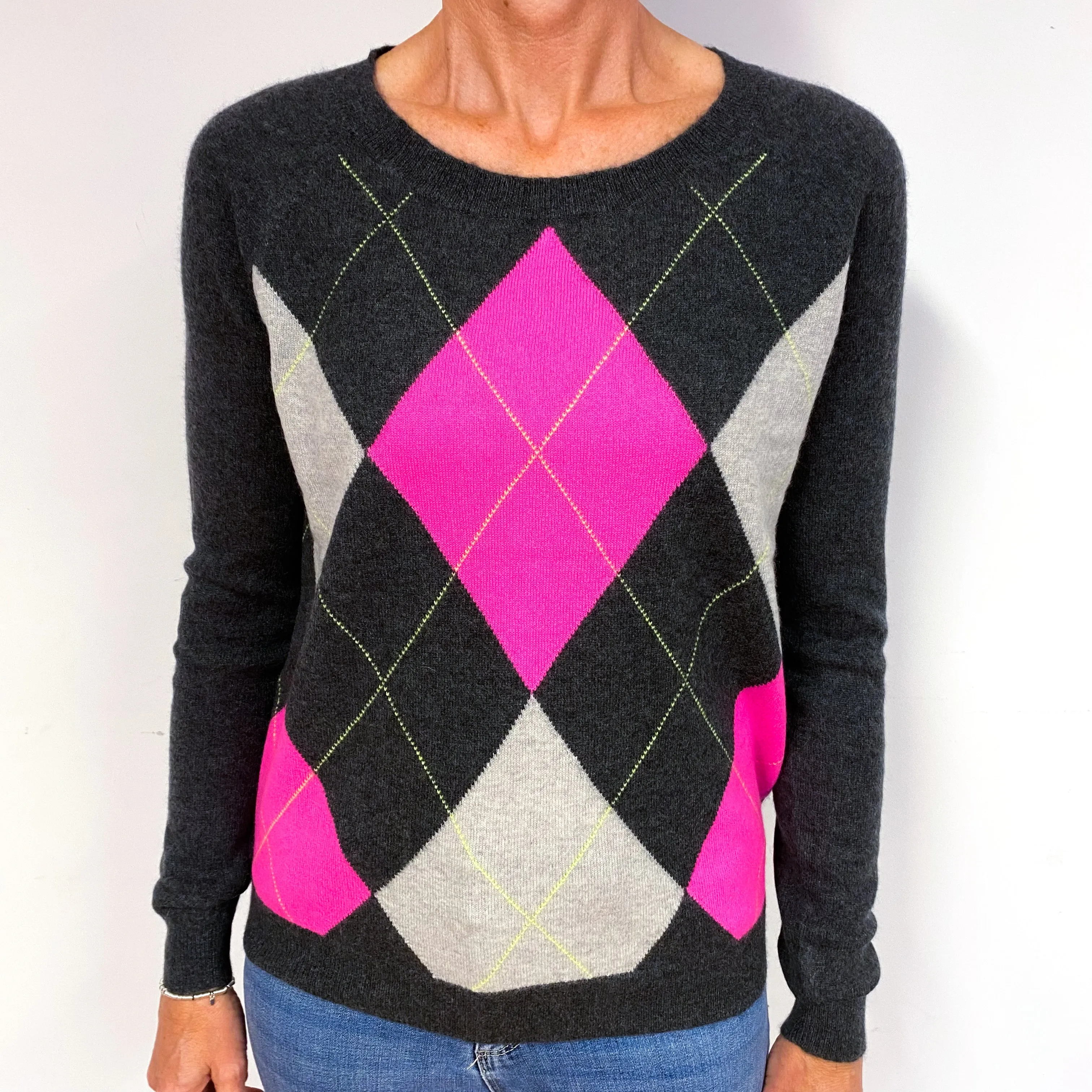 Charcoal Hot Pink Diamond Cashmere Crew Neck Jumper Medium