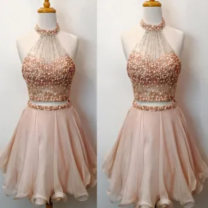 Charming Two Pieces Bare-midriff Rhinestones Sparkly Halter Pink Cute Homecoming Dresses, CM0013