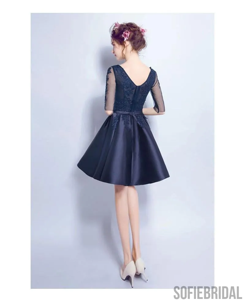 Cheap Short Cute Long Sleeve Lace Navy Homecoming Dresses 2018, CM468