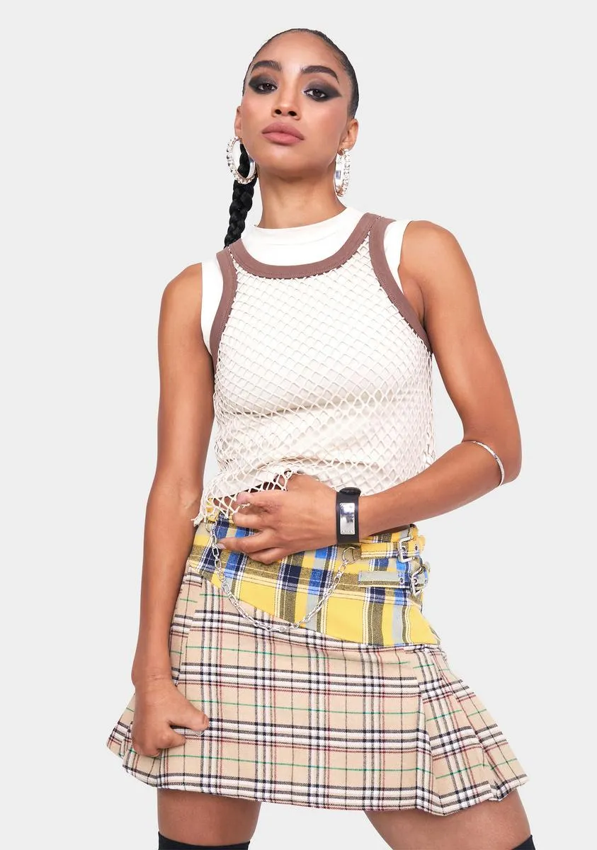 Check Mix Pleated Mini Skirt With Buckles & Chain