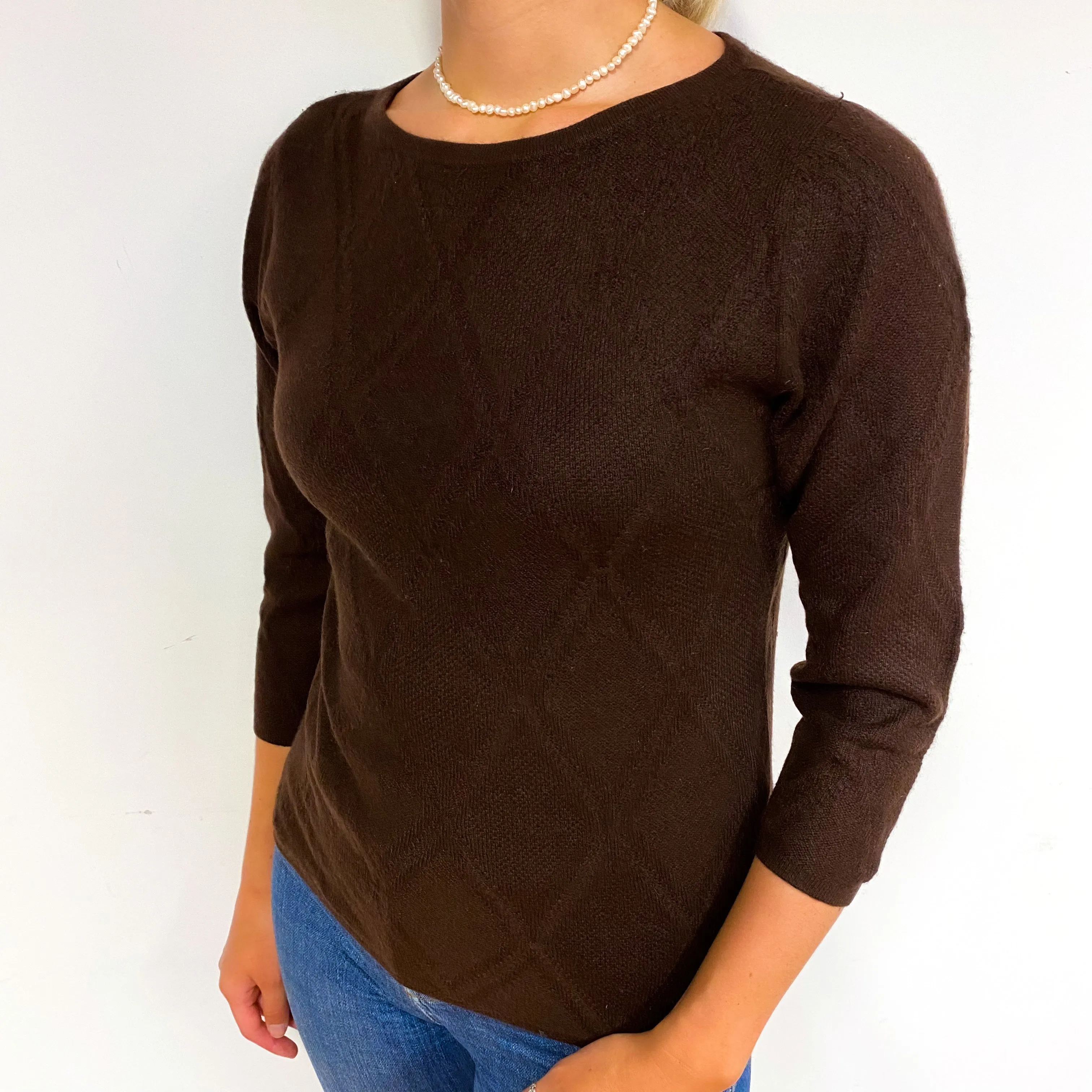 Chocolate Brown Diamond Knit Cashmere Crew Neck Jumper Small