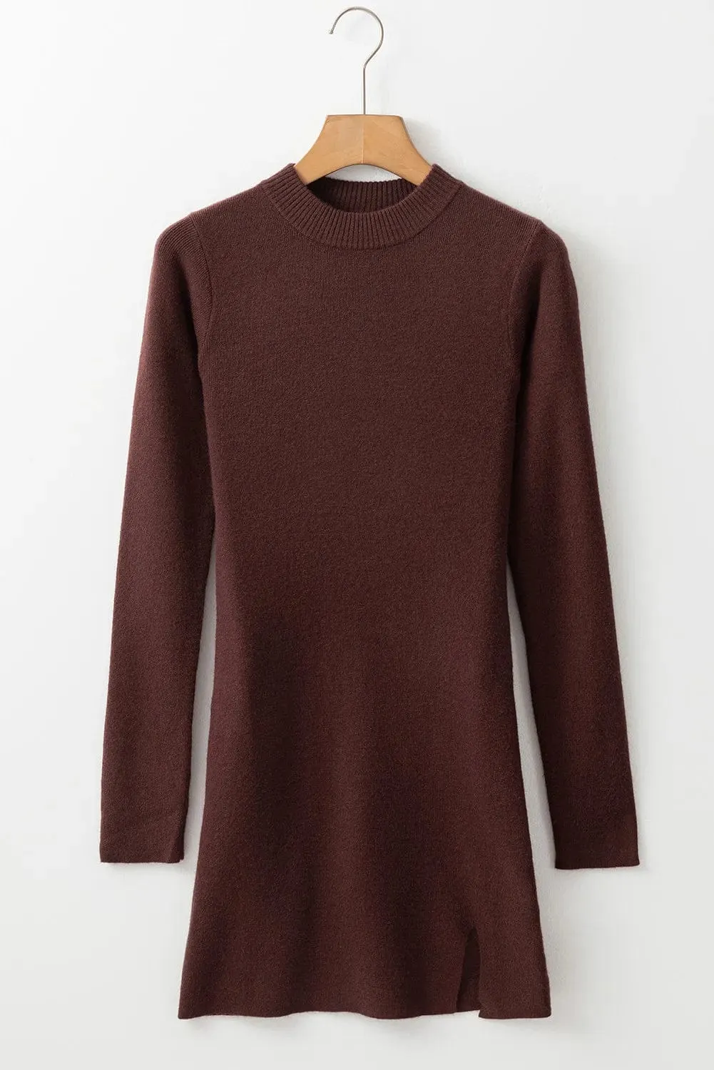 Chocolate Brown Mock Neck Long Sleeve Mini Sweater Dress