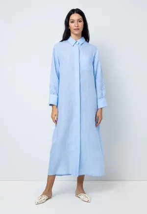 Choice Solid Long Sleeves Maxi Shirt Dress Light Blue