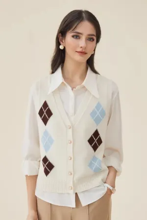 Classic 100 Wool Argyle V-Neck Cardigan Sweater Vest