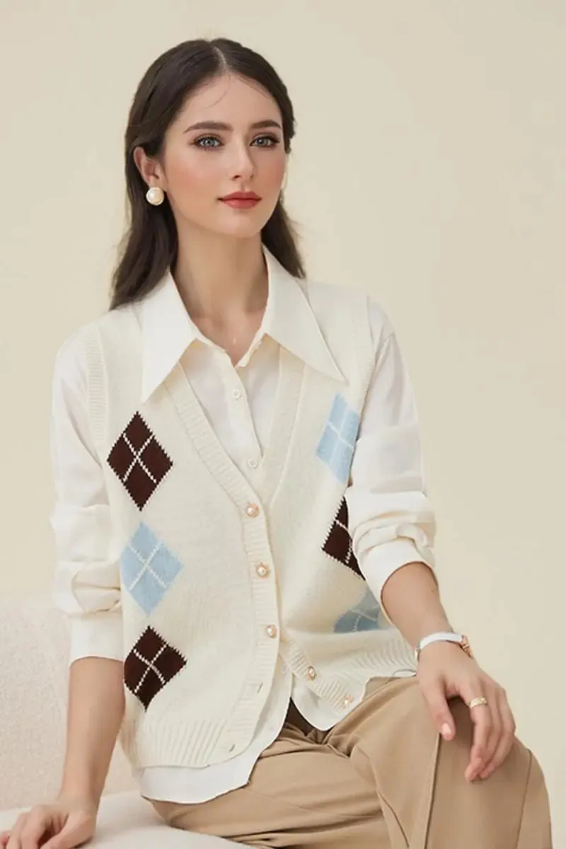 Classic 100 Wool Argyle V-Neck Cardigan Sweater Vest