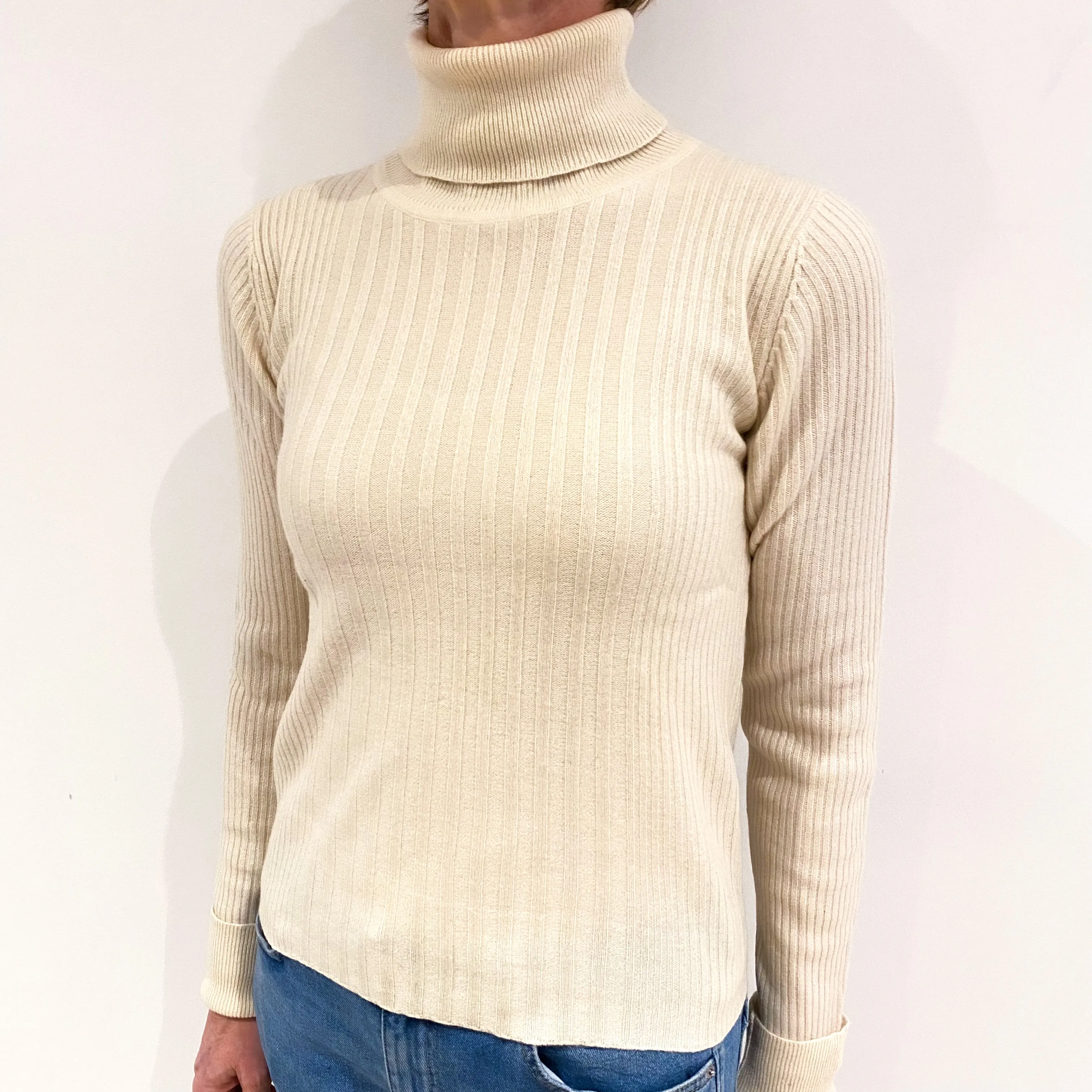 Clotted Cream Rib Cashmere Polo Neck Jumper Small
