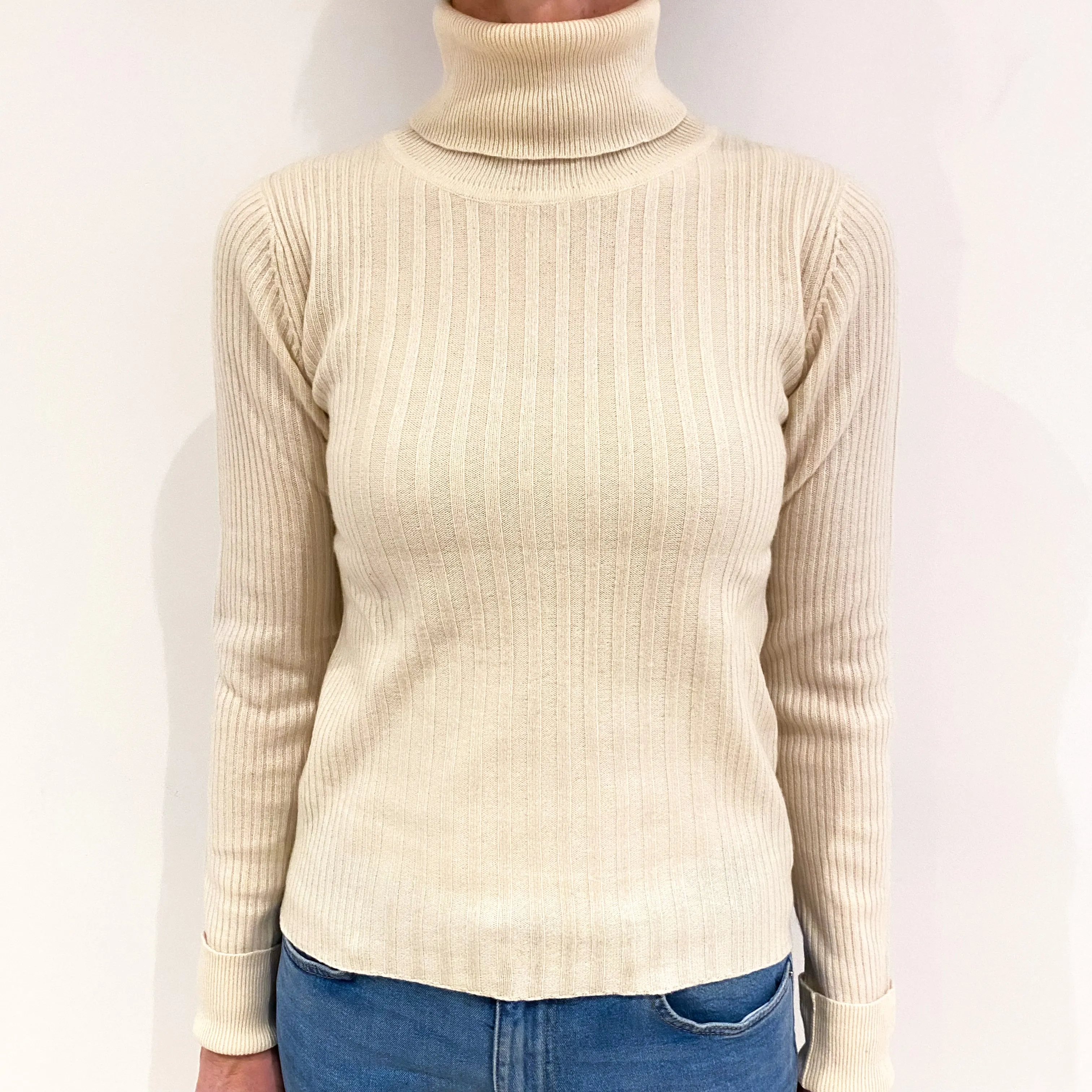 Clotted Cream Rib Cashmere Polo Neck Jumper Small
