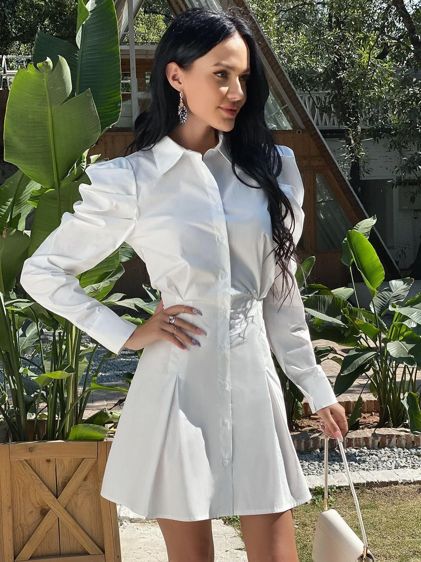 collar fold waist puff sleeve shirt dress