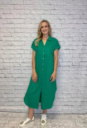 Collared Button Up Shirt Dress in Kelly Green