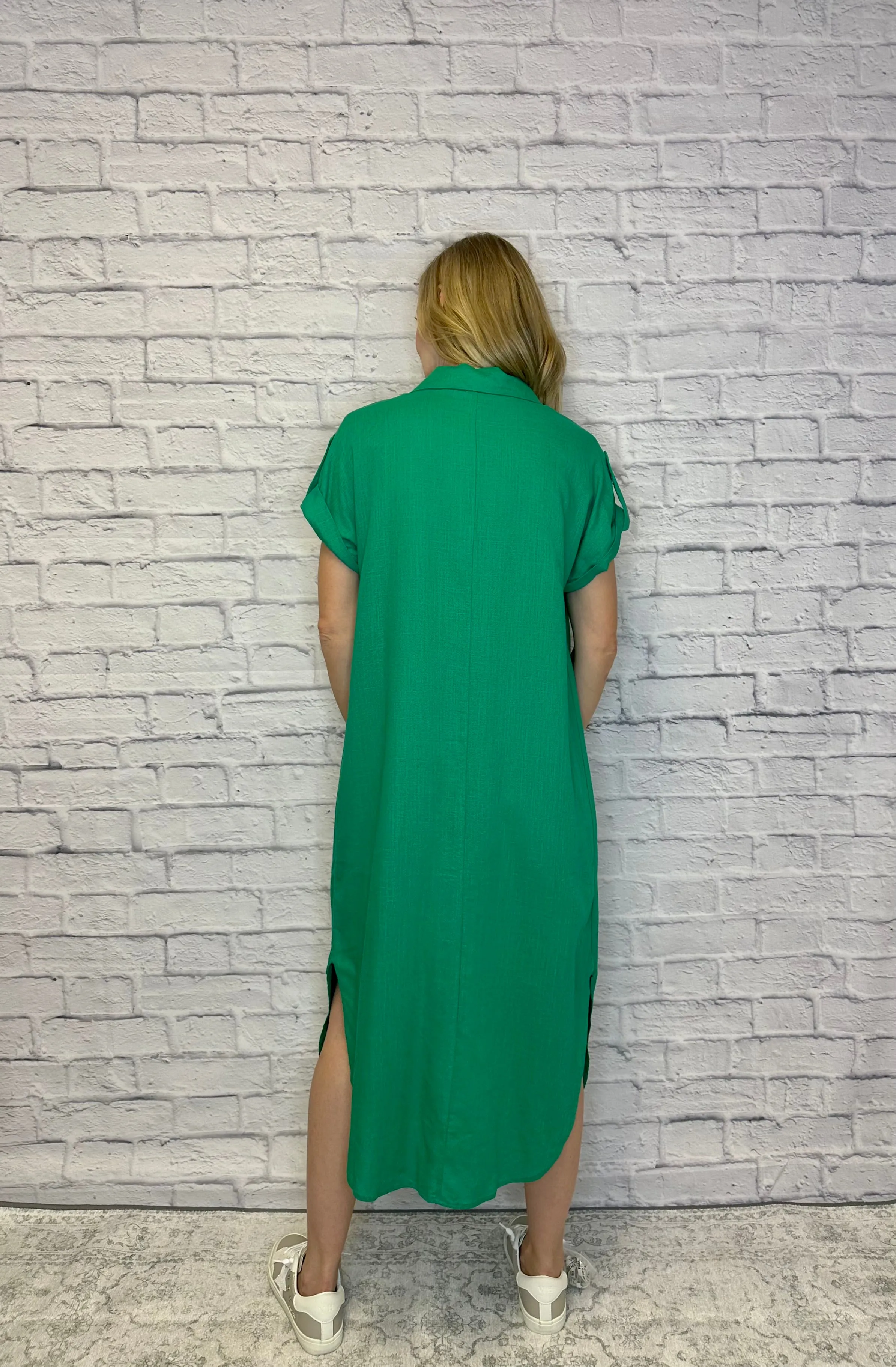 Collared Button Up Shirt Dress in Kelly Green