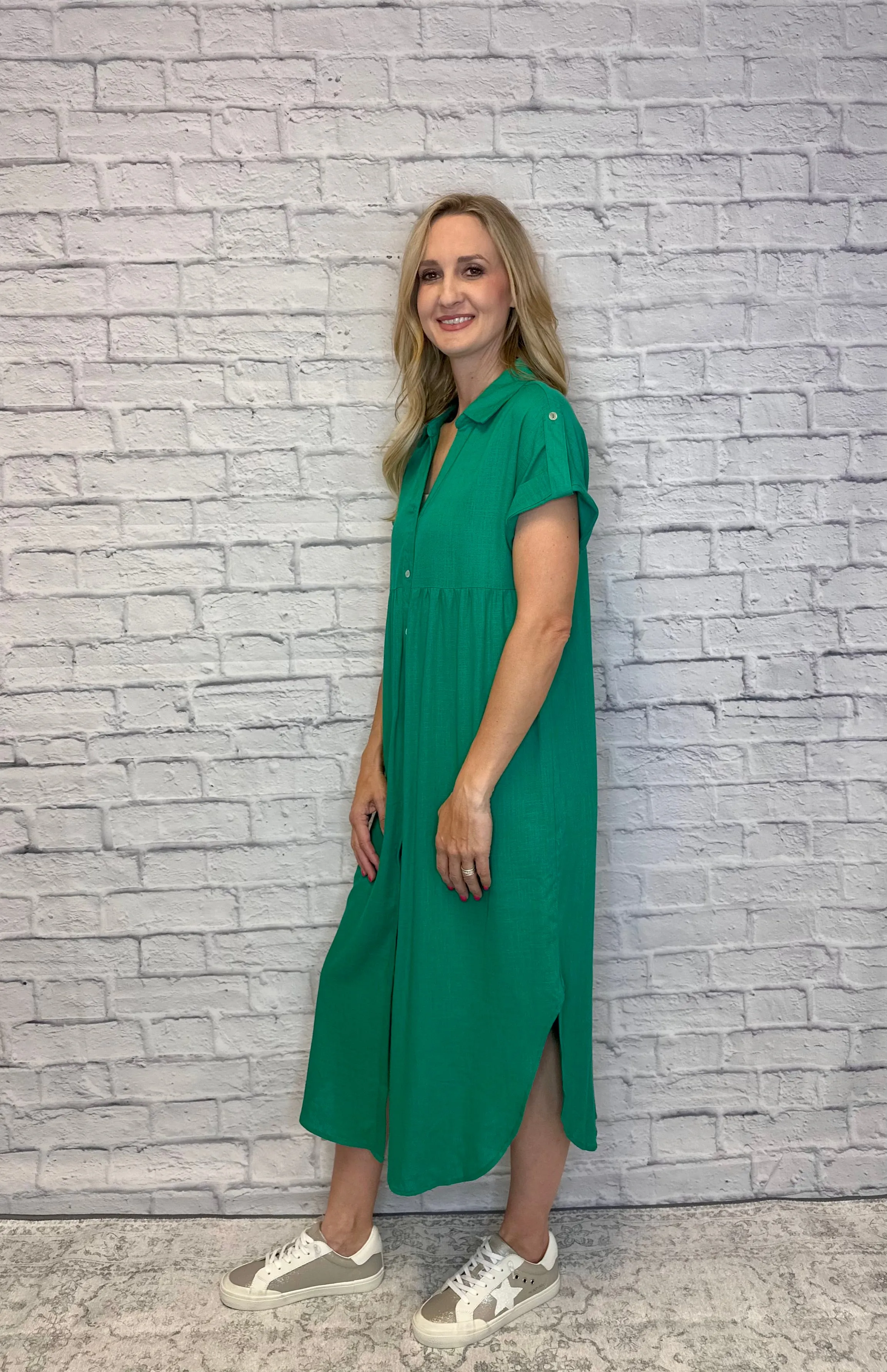 Collared Button Up Shirt Dress in Kelly Green