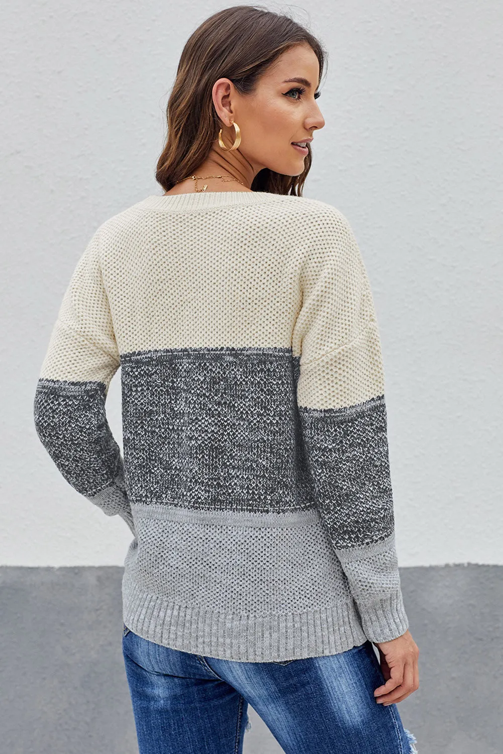 Color Block Netted Texture Pullover Sweater
