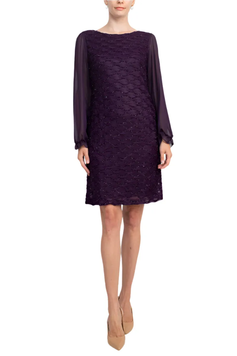 Connected Apparel Boat Neck Elastic Cuff Chiffon Sleeve Solid Dress