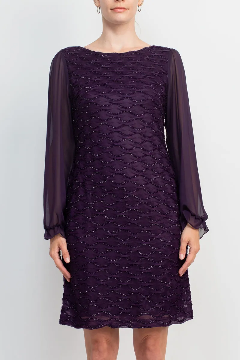 Connected Apparel Boat Neck Elastic Cuff Chiffon Sleeve Solid Dress