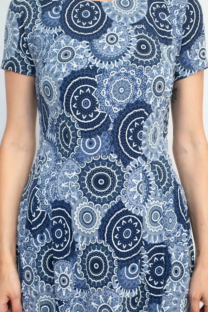 Connected Apparel Scoop Neck Short Sleeve Pleated Zipper Back Puff Print Fit & Flare Jersey Dress