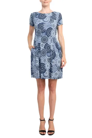 Connected Apparel Scoop Neck Short Sleeve Pleated Zipper Back Puff Print Fit & Flare Jersey Dress