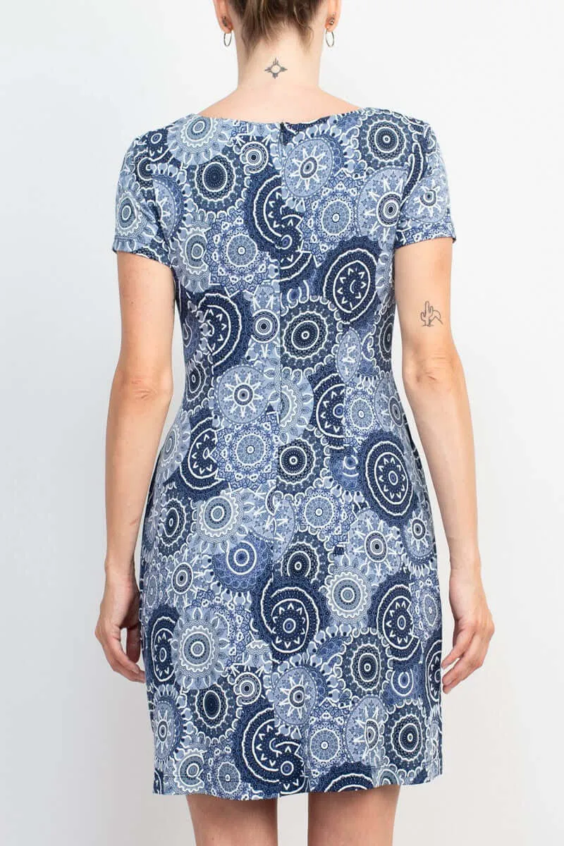 Connected Apparel Scoop Neck Short Sleeve Pleated Zipper Back Puff Print Fit & Flare Jersey Dress