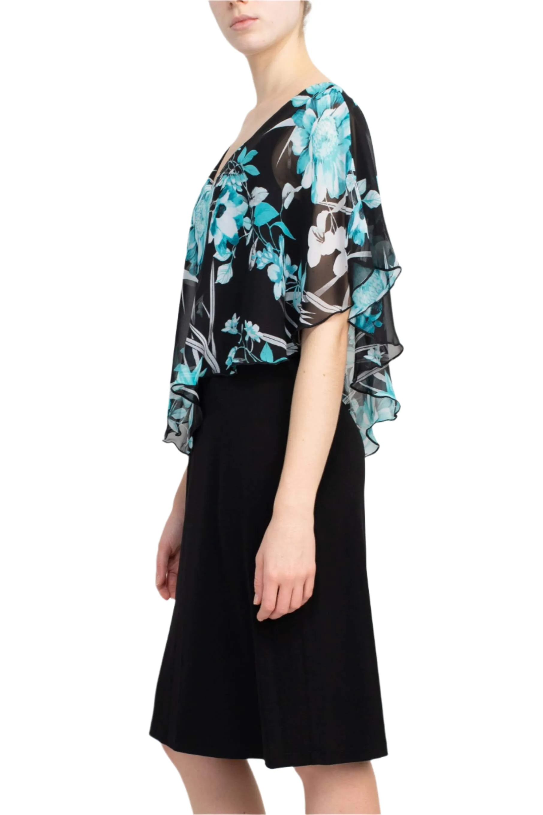 Connected Apparel V-Neck Floral Print Cape Sleeve Chiffon & ITY Dress
