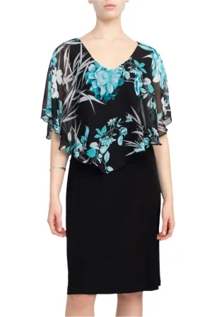 Connected Apparel V-Neck Floral Print Cape Sleeve Chiffon & ITY Dress