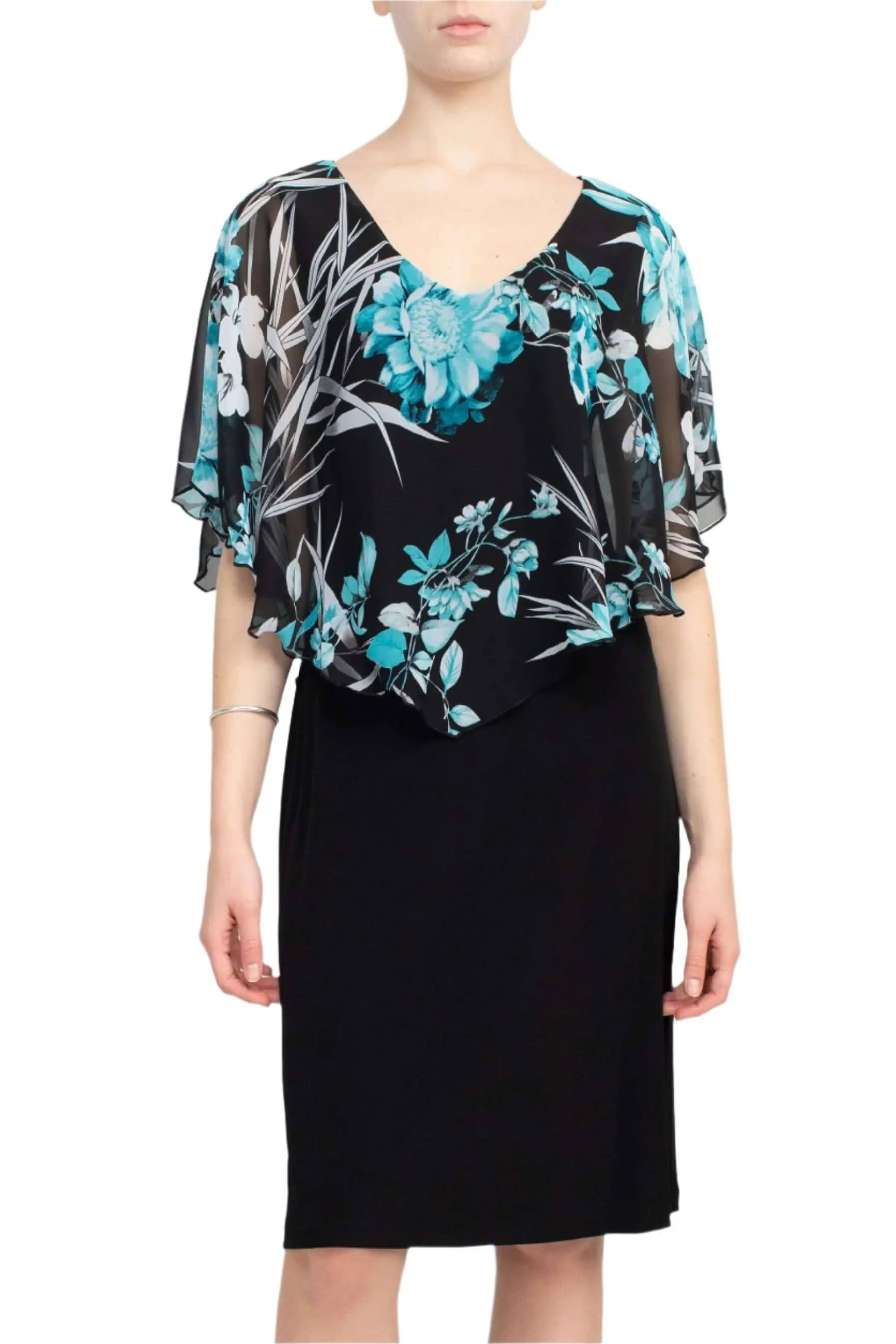 Connected Apparel V-Neck Floral Print Cape Sleeve Chiffon & ITY Dress