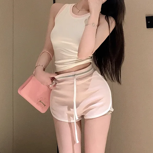 Contrast Color Sports Vest Drawstring Shorts Set
