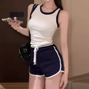 Contrast Color Sports Vest Drawstring Shorts Set