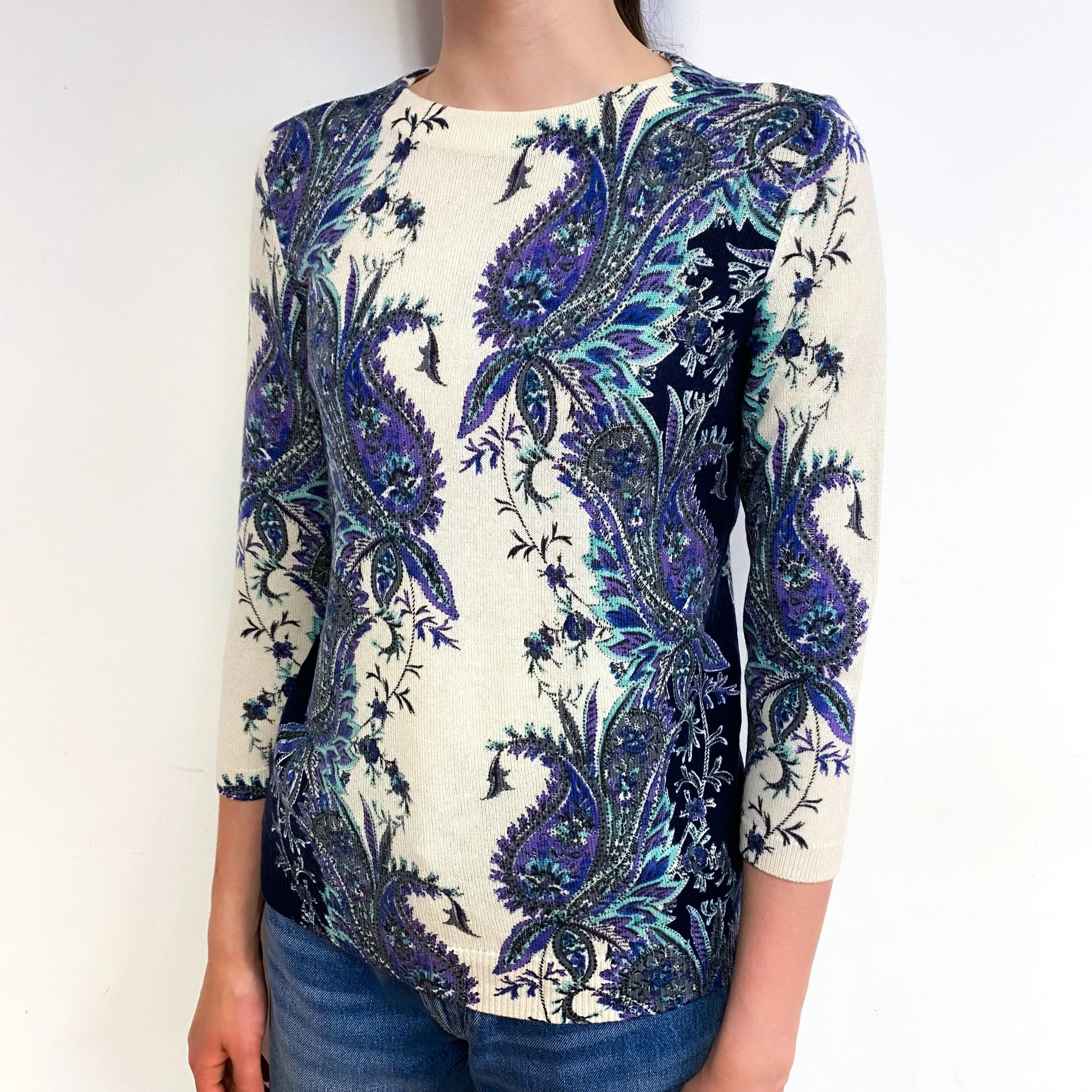Cream Purple Paisley Cashmere Crew Neck Jumper Extra Small