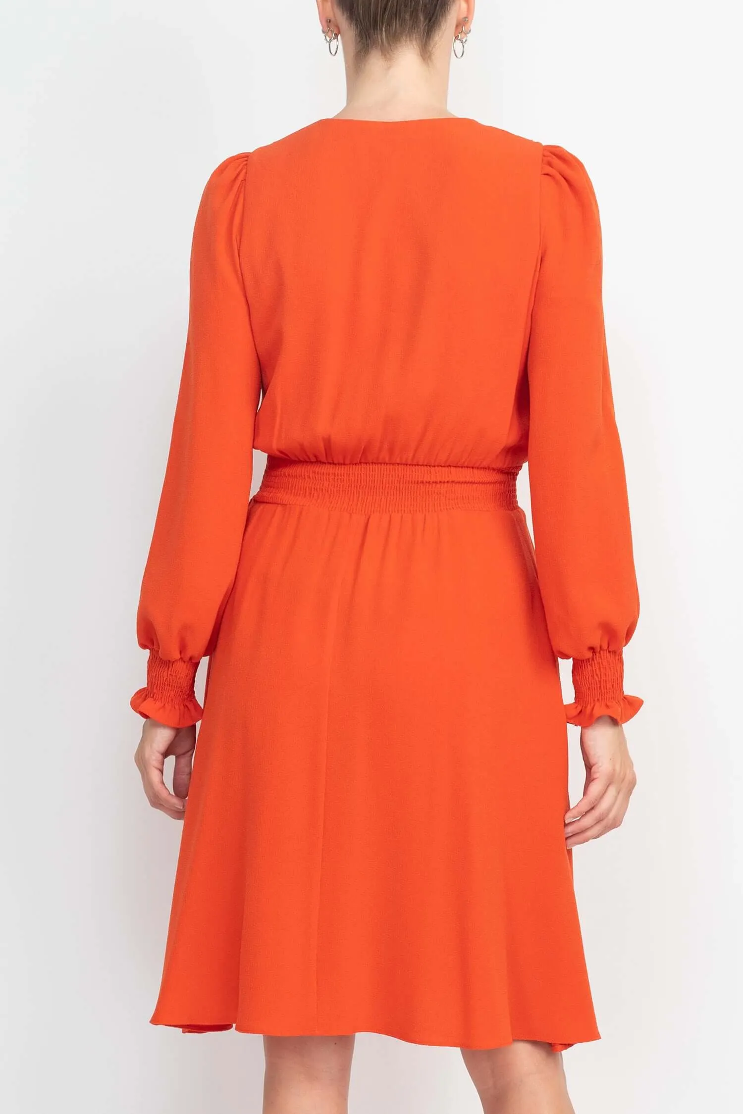 Crew Neck Keyhole Long Sleeve Elastic Waist Solid Ripple Crepe Dress