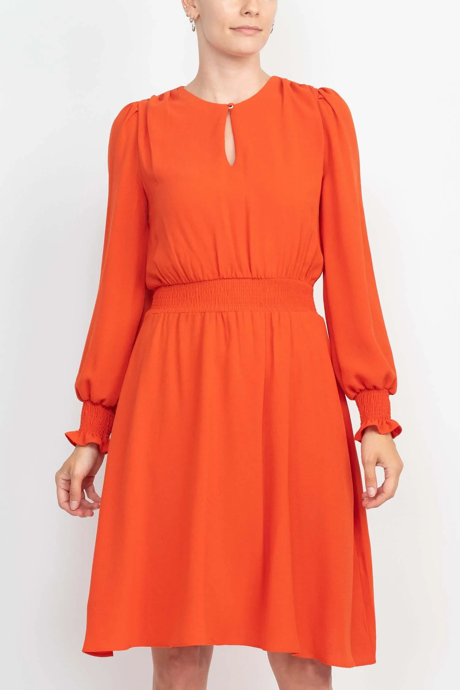 Crew Neck Keyhole Long Sleeve Elastic Waist Solid Ripple Crepe Dress
