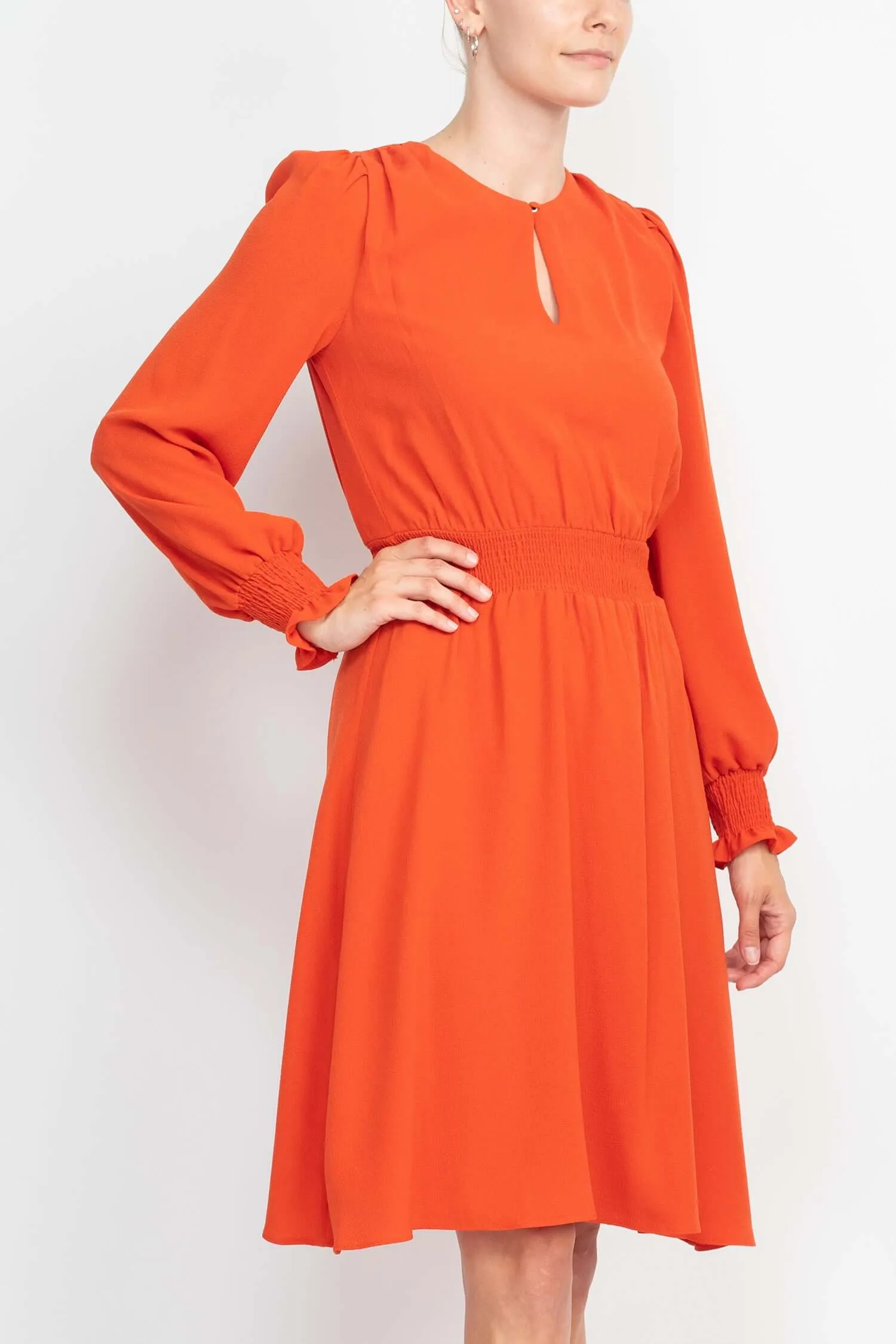 Crew Neck Keyhole Long Sleeve Elastic Waist Solid Ripple Crepe Dress
