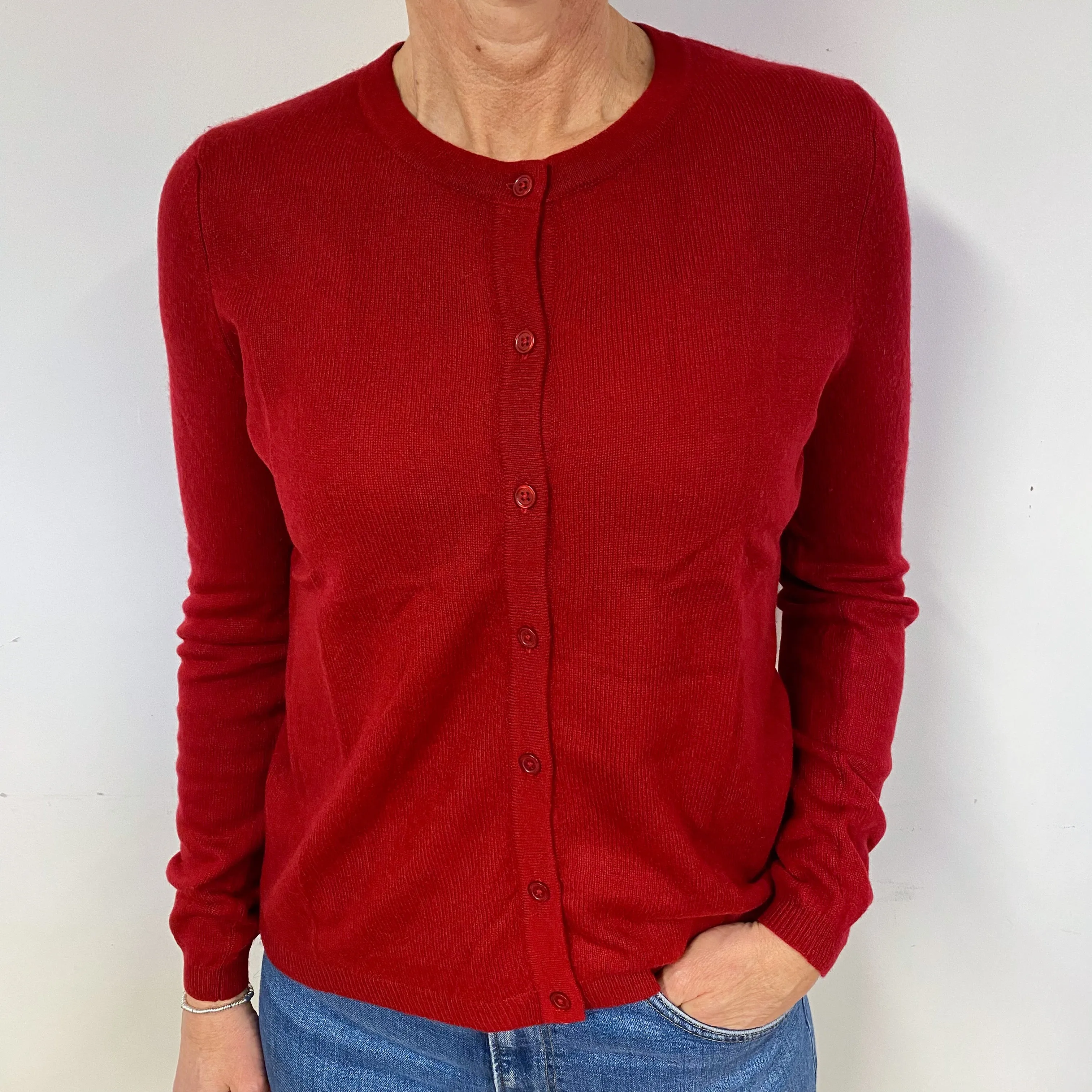 Crimson Red Cashmere Crew Neck Cardigan Medium