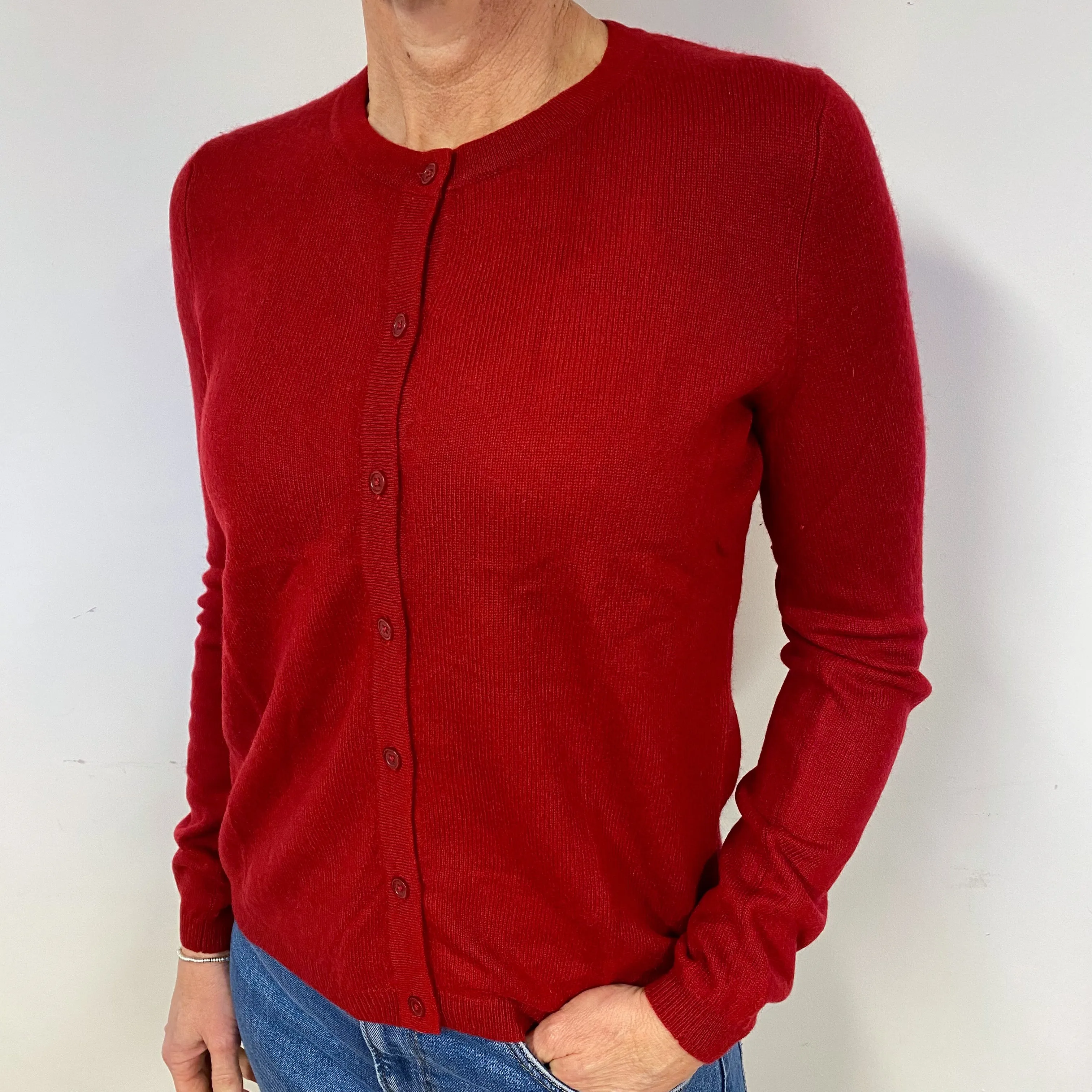 Crimson Red Cashmere Crew Neck Cardigan Medium