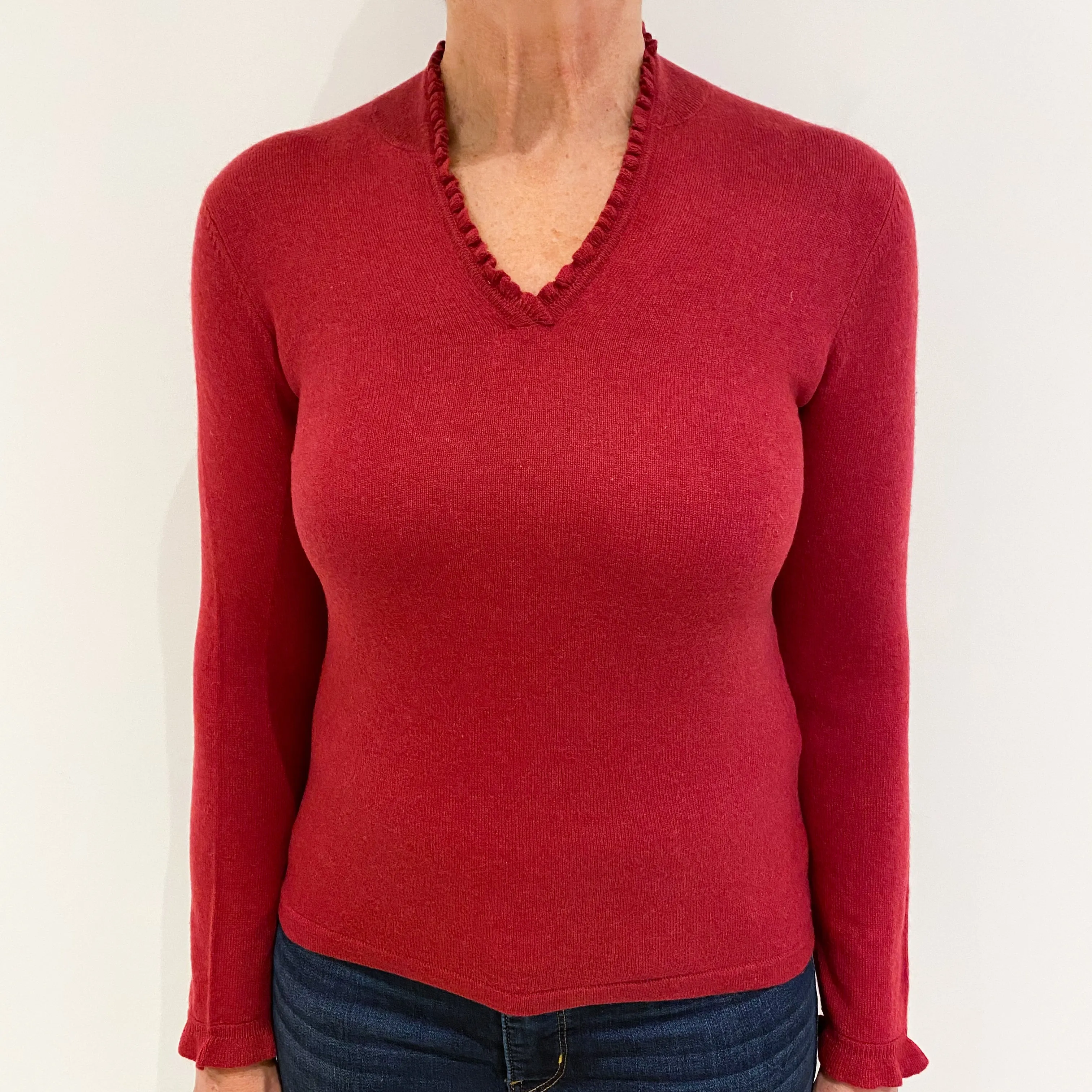 Crimson Red Frill Detail Cashmere V-Neck Jumper Medium