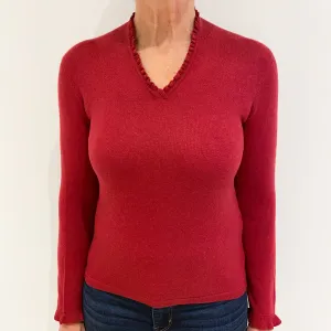 Crimson Red Frill Detail Cashmere V-Neck Jumper Medium