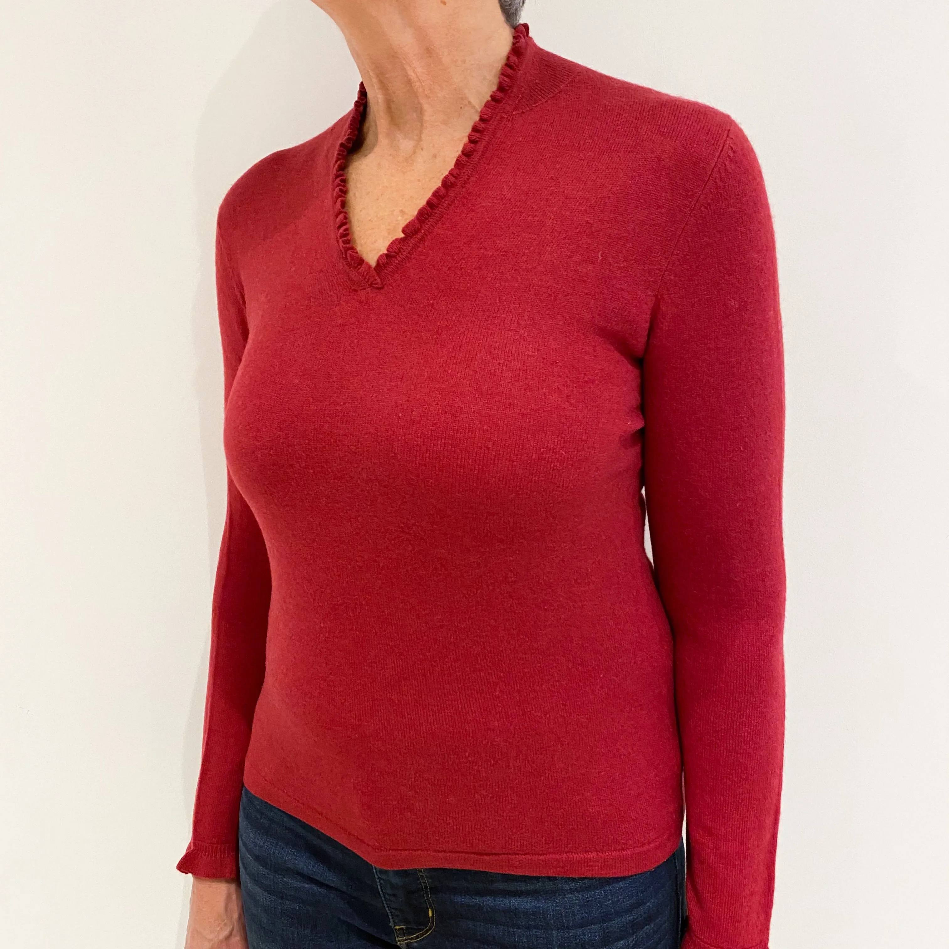 Crimson Red Frill Detail Cashmere V-Neck Jumper Medium