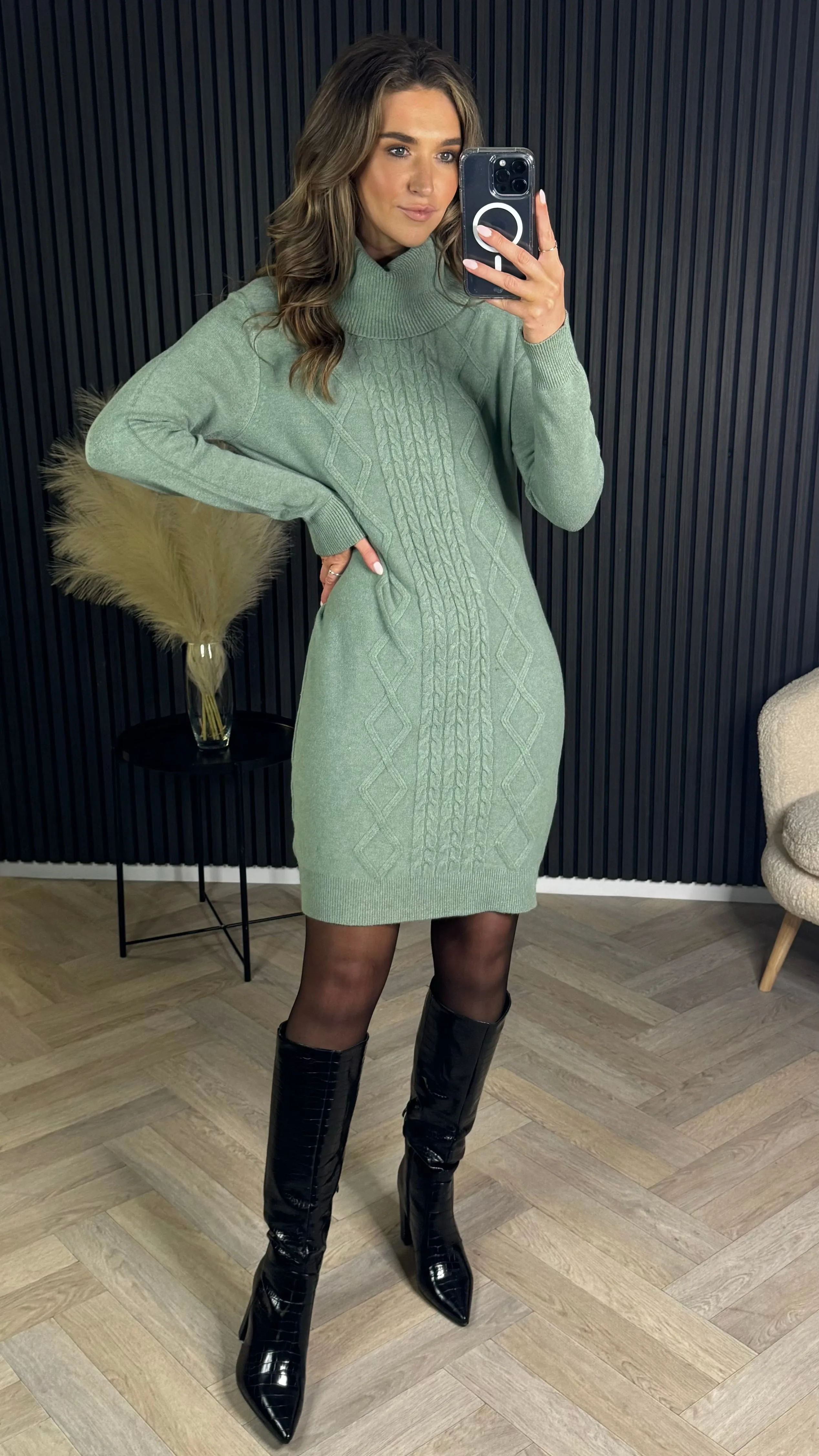 Croia Light Green Cable Knit Polo Neck Jumper Mini Dress