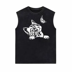 Cute Cat Curious Kitten With Butterfly Vintage Washed Vest Top