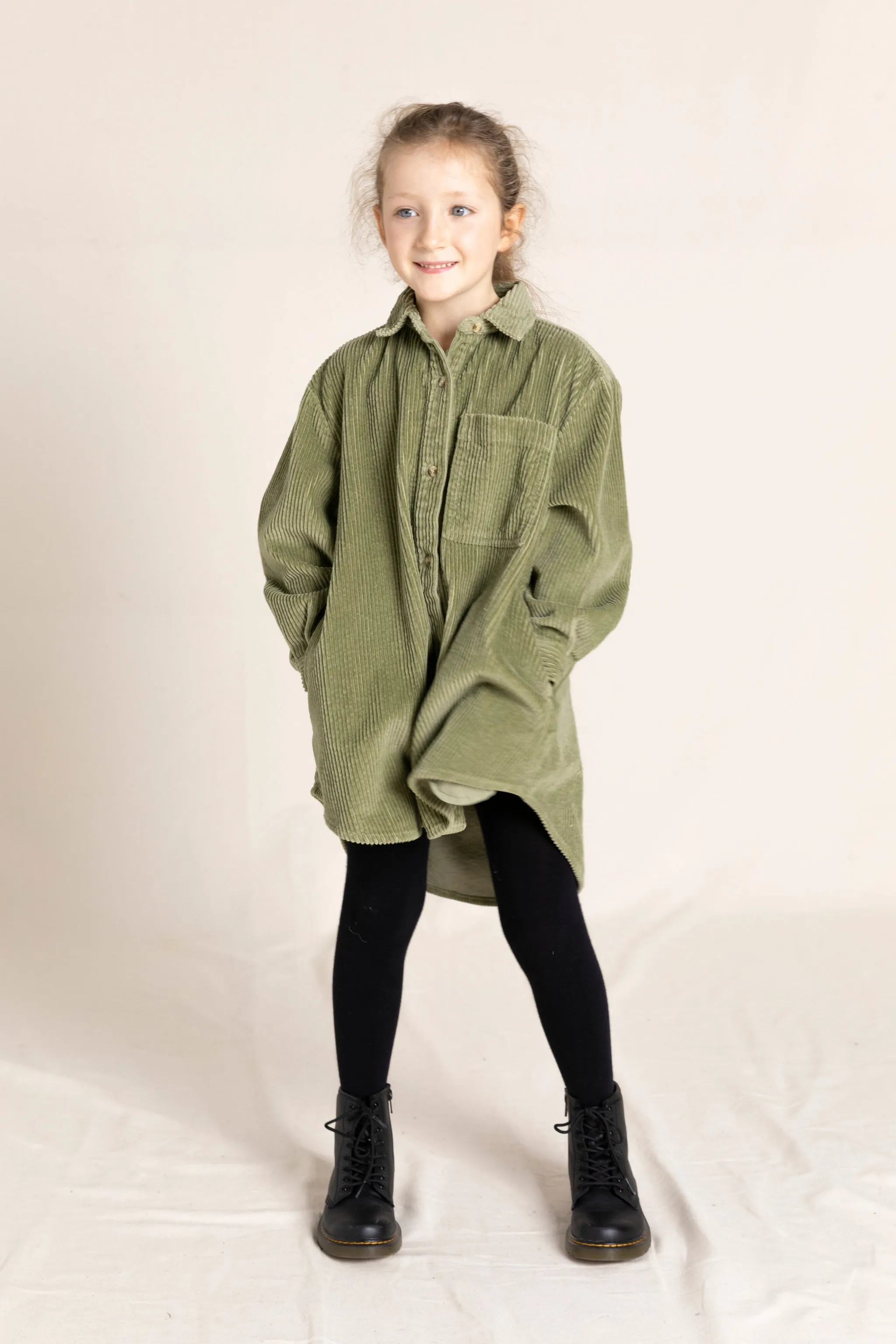 DARCY Light Olive Cord - Buttoned Dress