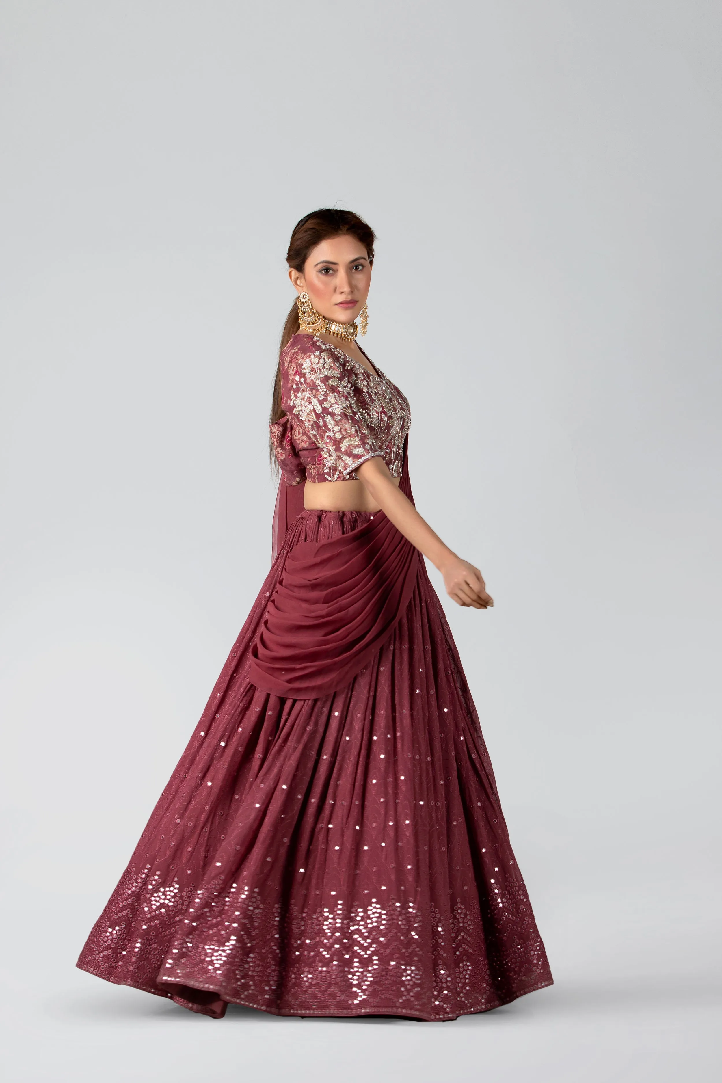 Dark Mauve Georgette & Crepe Pleated Skirt Set