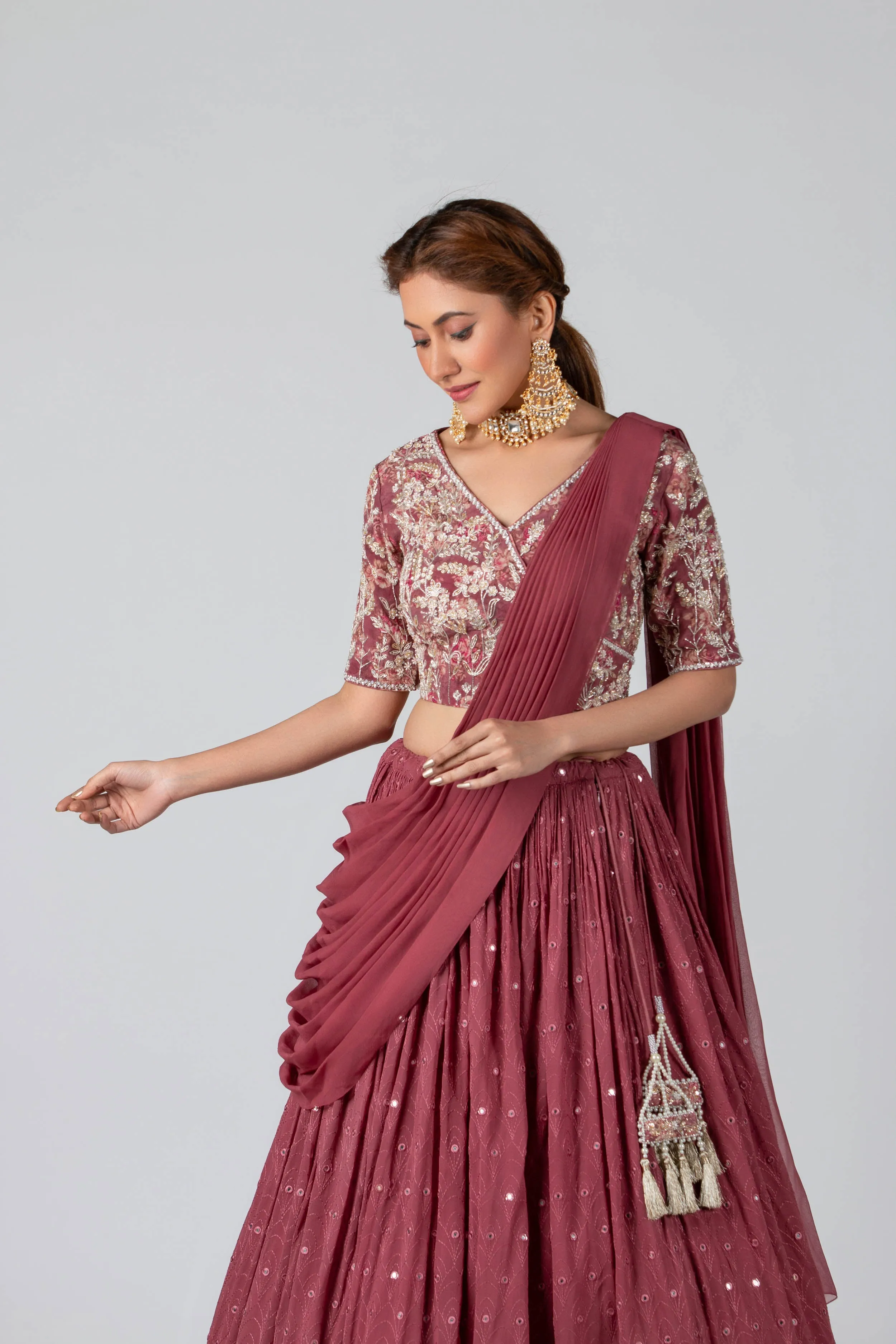 Dark Mauve Georgette & Crepe Pleated Skirt Set