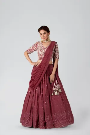 Dark Mauve Georgette & Crepe Pleated Skirt Set