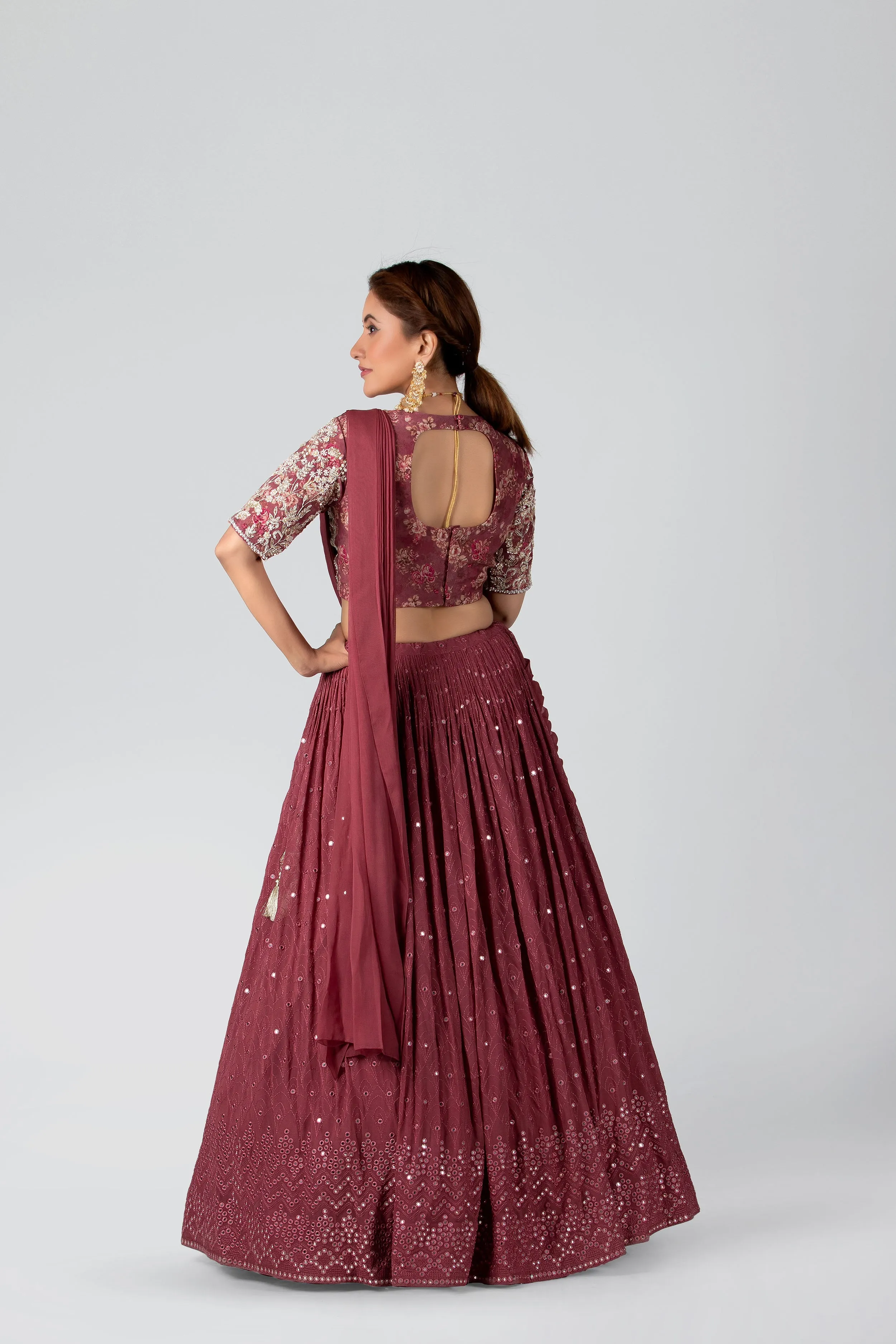 Dark Mauve Georgette & Crepe Pleated Skirt Set