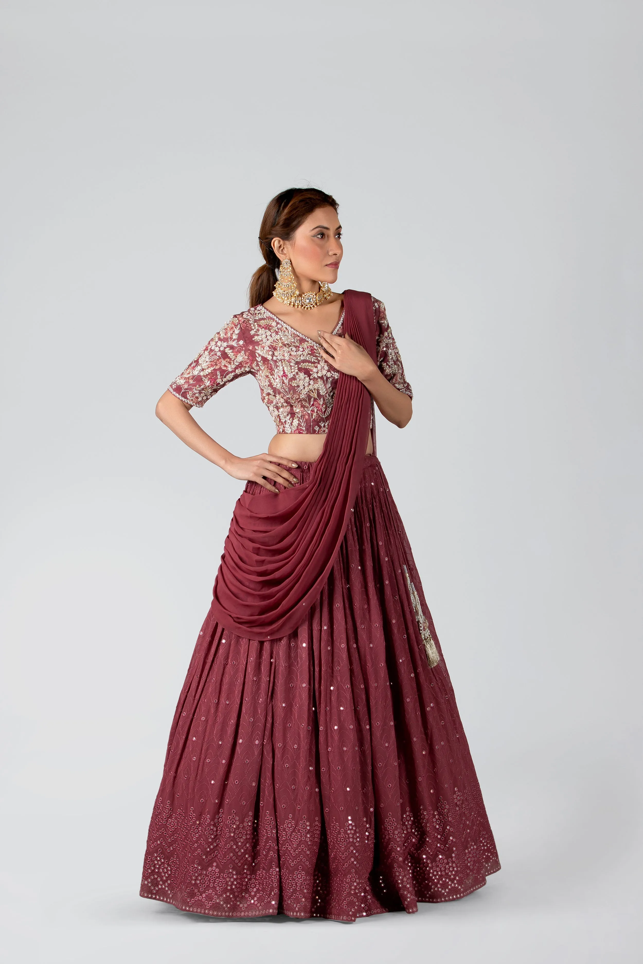 Dark Mauve Georgette & Crepe Pleated Skirt Set