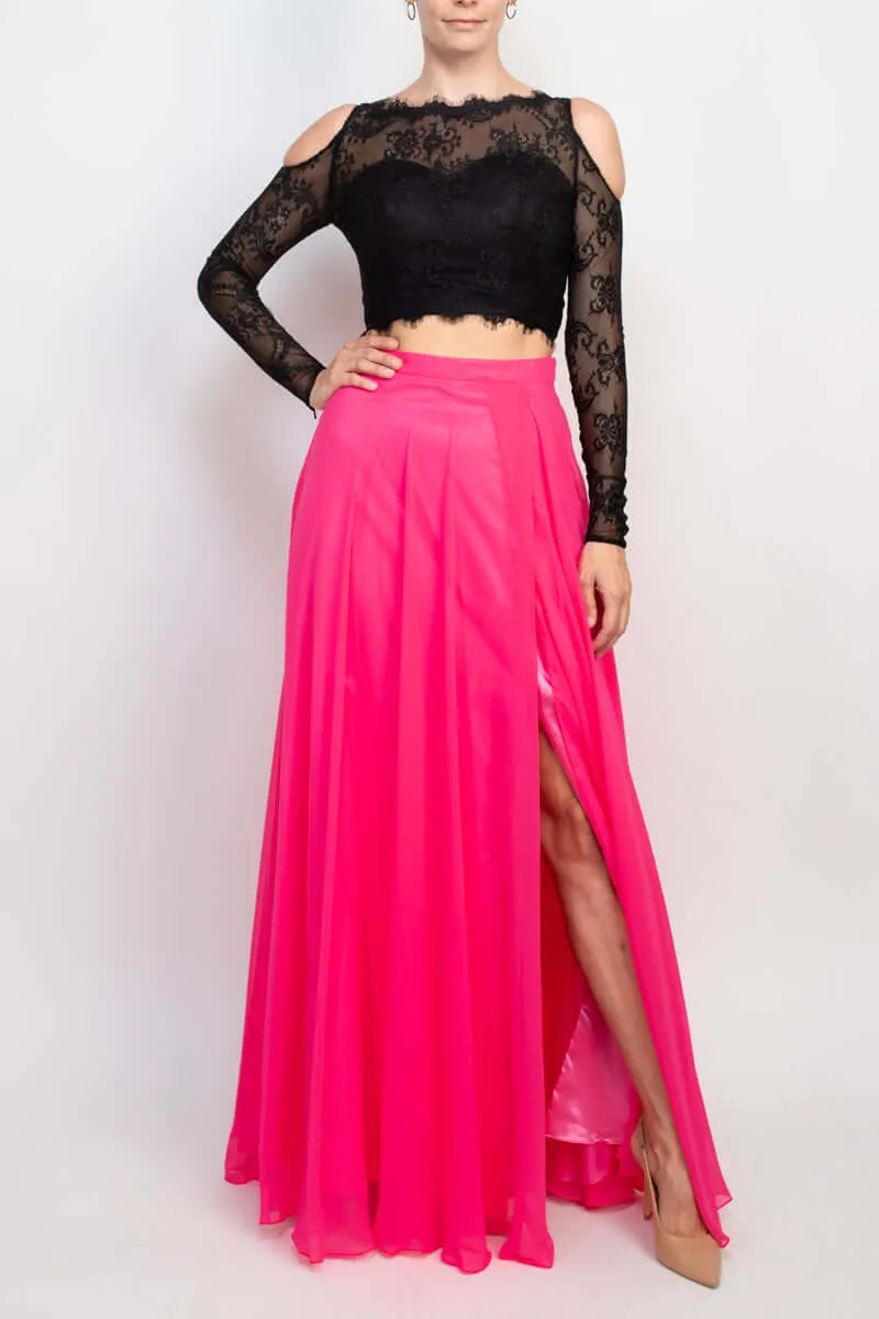 Dave & Johnny Scalloped Neck Cutout Shoulder Illusion Zipper Back Lace Bodice Chiffon Dress