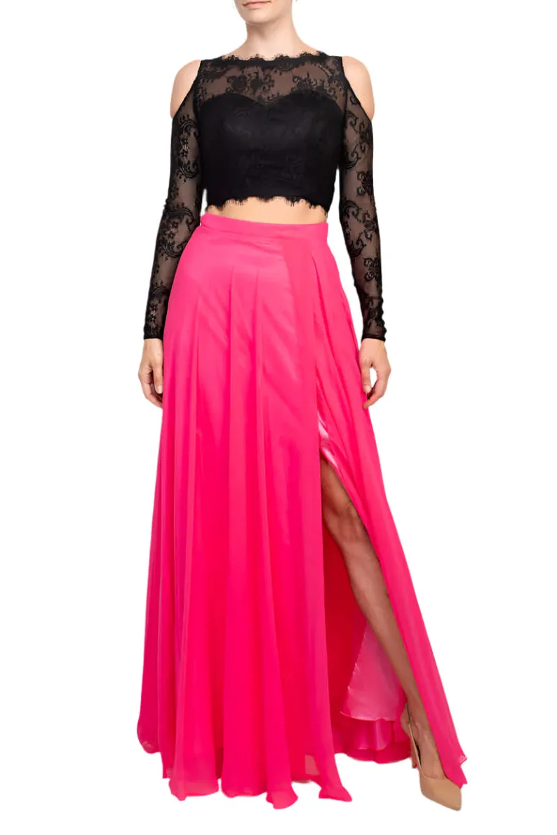 Dave & Johnny Scalloped Neck Cutout Shoulder Illusion Zipper Back Lace Bodice Chiffon Dress
