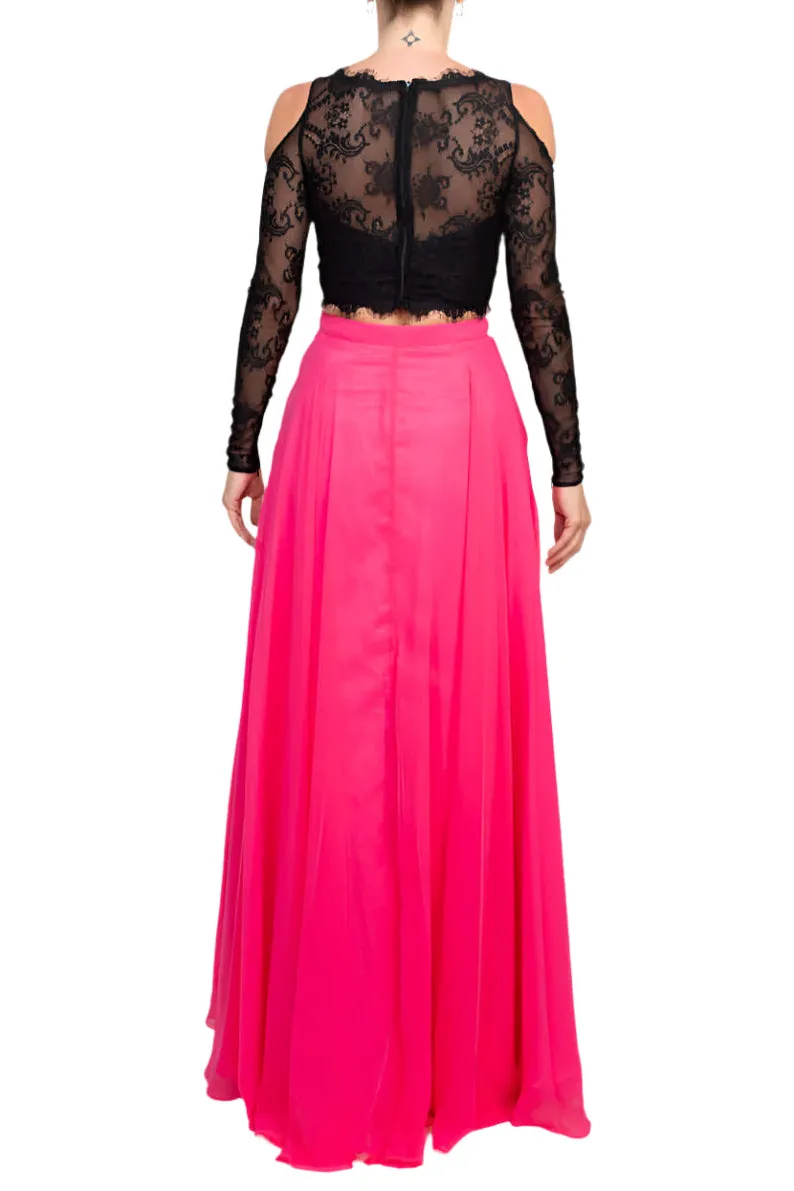 Dave & Johnny Scalloped Neck Cutout Shoulder Illusion Zipper Back Lace Bodice Chiffon Dress