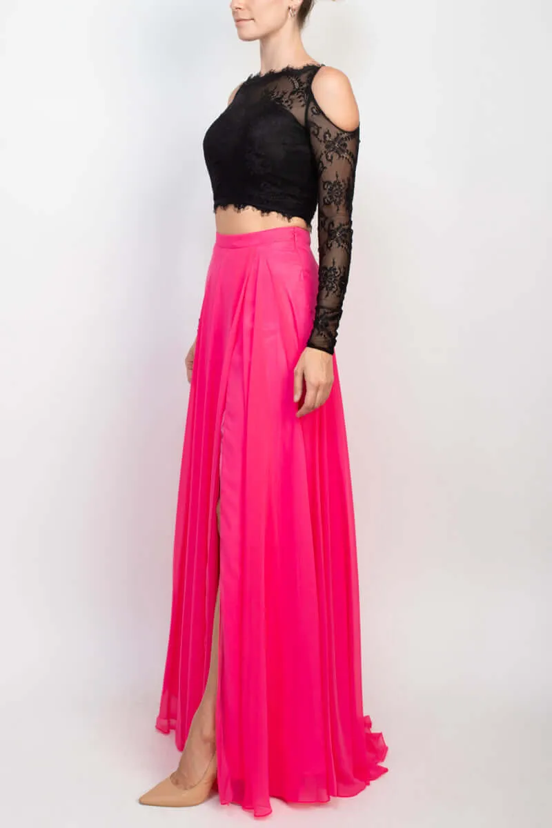 Dave & Johnny Scalloped Neck Cutout Shoulder Illusion Zipper Back Lace Bodice Chiffon Dress
