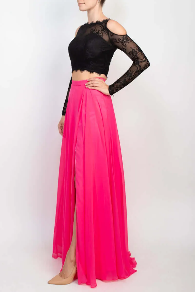 Dave & Johnny Scalloped Neck Cutout Shoulder Illusion Zipper Back Lace Bodice Chiffon Dress